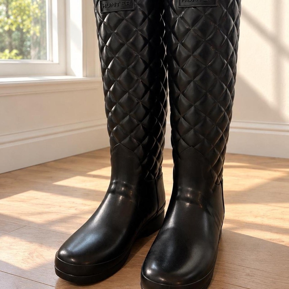 Black Hunter Gloss Quilted Tall Rain Boots Gold Buckle Hardware Equestrian US 8